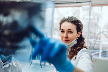 Dişçi kadın ofisindeki röntgene bakıyor. seçici odaklama.