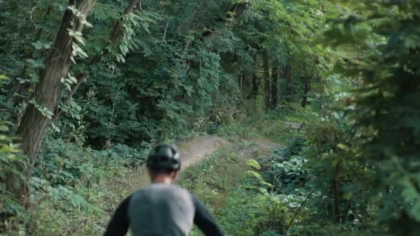 Экстремальный велосипедист едет по лесной тропе, замедленная съемка — стоковое видео