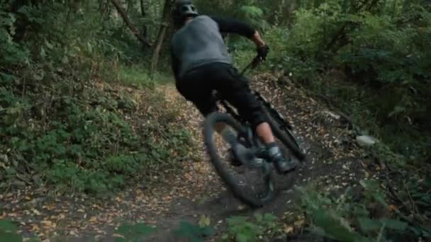 Extrémní cyklista jezdí na lesní cestě, pomalý pohyb — Stock video