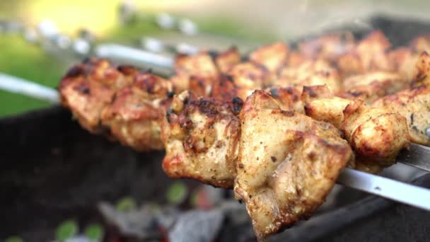 Kebab de pollo preparándose en la parrilla — Vídeos de Stock