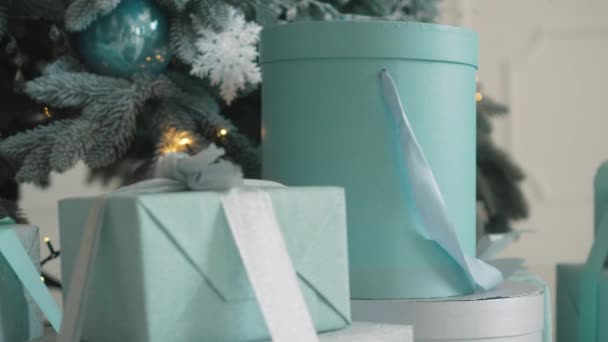 De giften van Kerstmis in vakken onder boom, close-up — Stockvideo