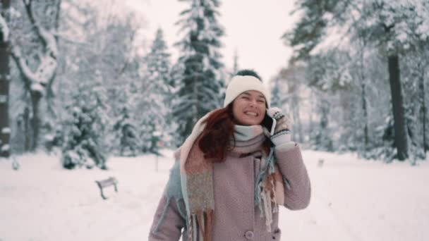 Jeune femme parlant au téléphone dans un parc enneigé — Video