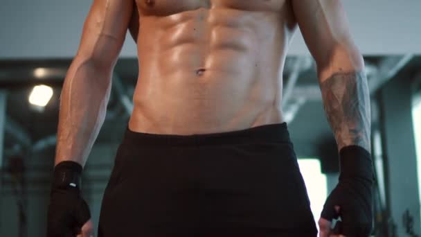 Primer plano muscular cuerpo deportivo masculino en el gimnasio — Vídeos de Stock