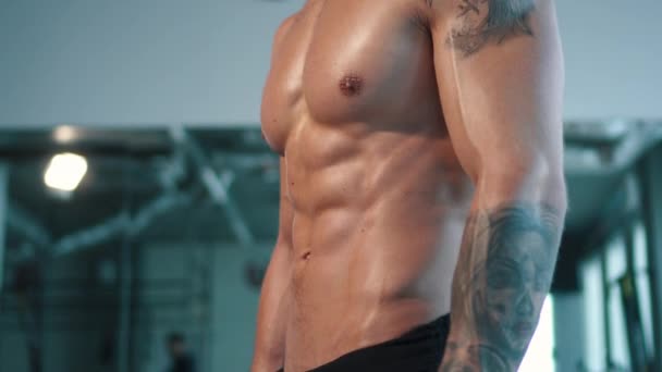 Vicino muscoloso corpo sportivo maschile in palestra — Video Stock