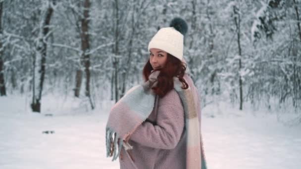 Alegre torbellino femenino en el bosque de invierno — Vídeo de stock