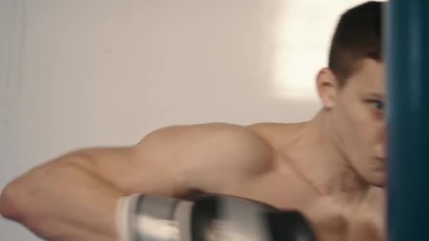 Forte homem caucasiano boxe usando saquê de soco — Vídeo de Stock