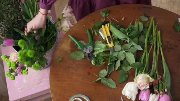 Fiorista femminile potatura fiore gambo, vista dall'alto — Video Stock
