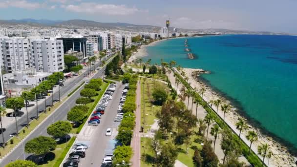 Limassol city embankment on sunny day, aerial view — Stock Video