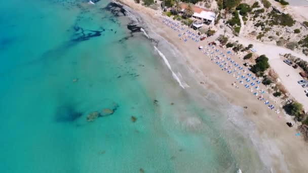 Вид с воздуха на песчаный пляж и людей, отдыхающих на нем, Кипр, Коралловый залив — стоковое видео