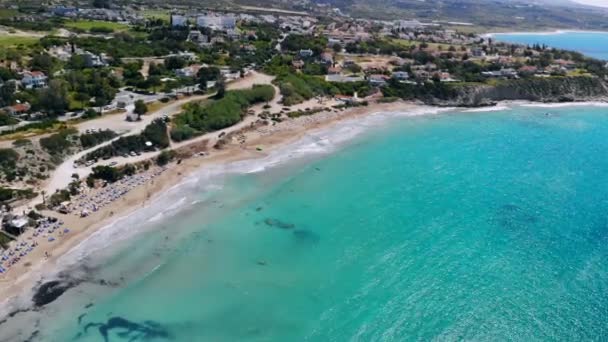 Sandy beach on crystal clear Mediterranean Sea, aerial view, Cyprus — Stock Video