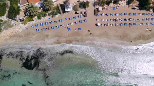 Blick von oben auf den Sandstrand am Ufer des kristallklaren Meeres mit Liegestühlen, Korallenbucht, Zypern — Stockvideo