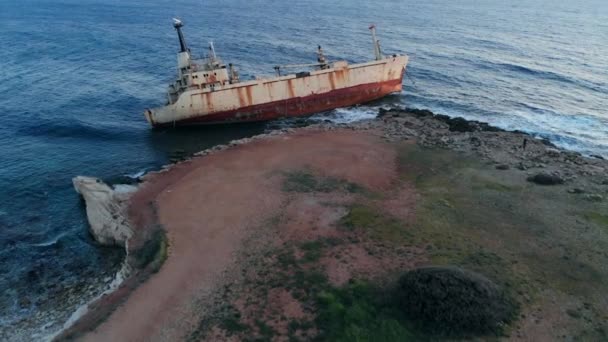 Aerial view of shipwrecked ship lying near seashore — Stock Video