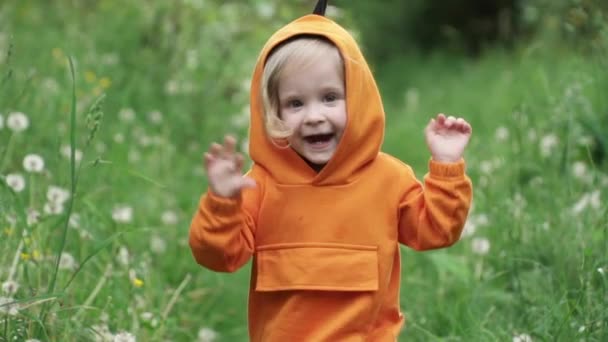 Niño en sudadera naranja frolics en hierba alta, cámara lenta — Vídeos de Stock