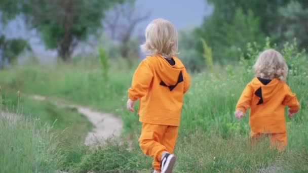 Băieți gemeni mici în hanorace portocalii strălucitoare merg în natură, mișcare lentă — Videoclip de stoc