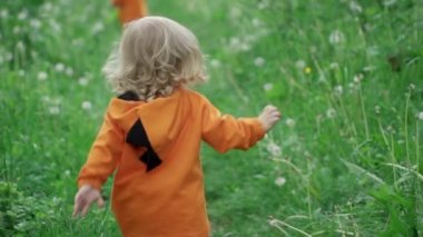 Orange Hoodie Little Boy Çim, yavaş hareket çalışır