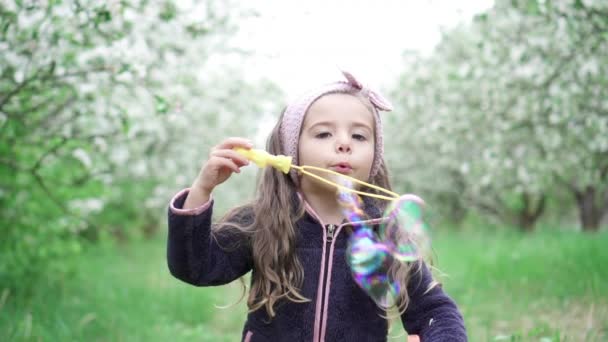 Šťastná holčička, co v jarním parku fouká mýdlové bubliny. Zpomaleně — Stock video