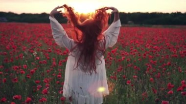 Kızıl saçlı kadın güneş ayarı ışınları içinde Poppies alanında ayakta saçlarını atar, arka görüş
