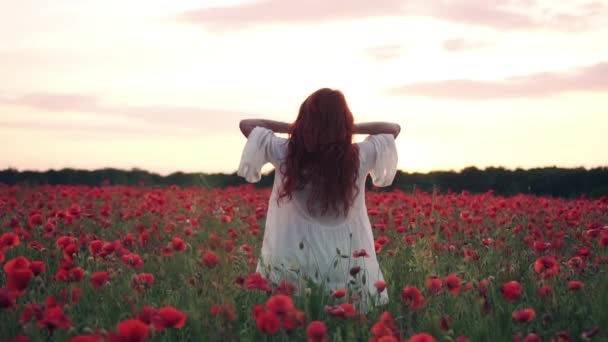 Радостная рыжеволосая женщина прыгает на цветущем маковом поле на закате, замедленная съемка — стоковое видео