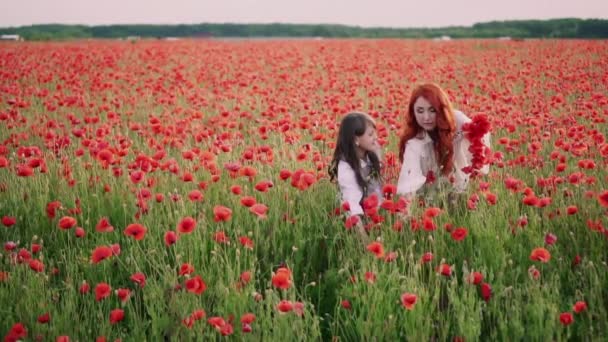 Ung mor och liten dotter samla vilda vallmo blommor att väva kransar, slow motion — Stockvideo