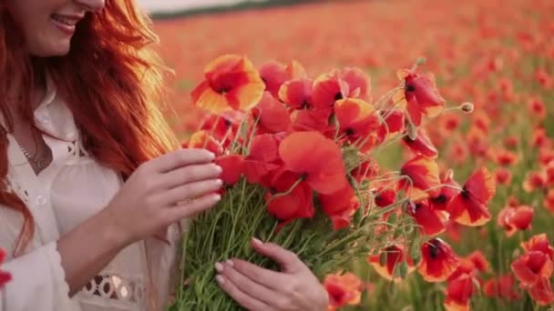 클로즈업의 손 젊은 빨간 머리 여자 만들기 꽃다발 빨간 양 귀 비 꽃, 슬로우 모션 — 비디오