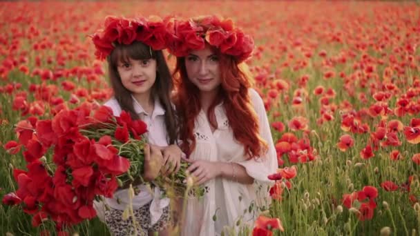 Νεαρή μητέρα και μικρή κόρη στέκονται στο ανθό χωράφι σε στεφάνια από άγρια λουλούδια παπαρούνας — Αρχείο Βίντεο