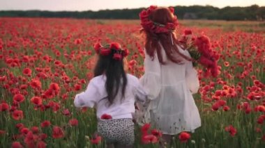 Mutlu anne ve kızı gün batımı, arka görünüm, yavaş hareket çiçek açan haşhaş alanı üzerinden çalışıyor