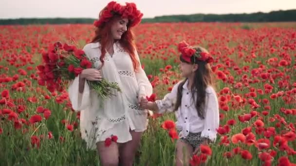 Счастливая мать и дочь идут на цветущее маковое поле на закате, замедленная съемка — стоковое видео