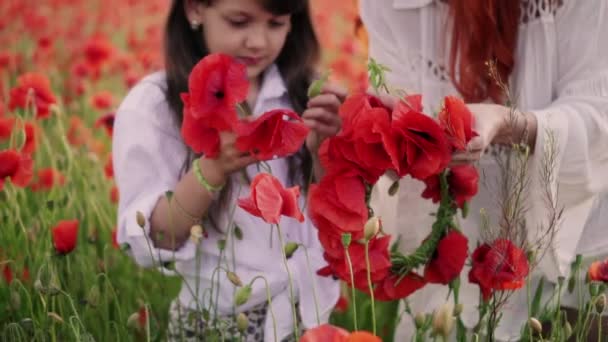 ママと小さな娘は花のフィールドにケシの花の花輪を作る、クローズアップ — ストック動画