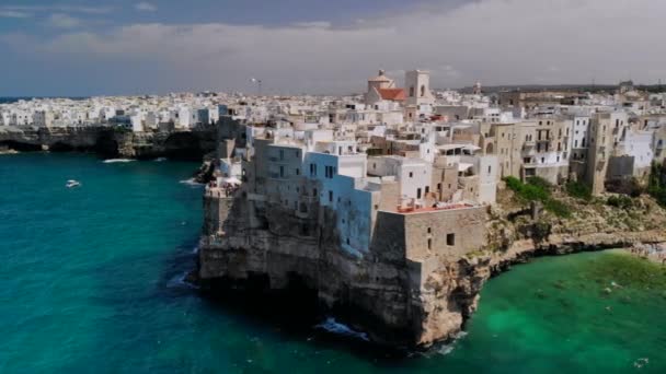 Aerial View panorama of town Polignano a Mare, sunny day — Stock Video