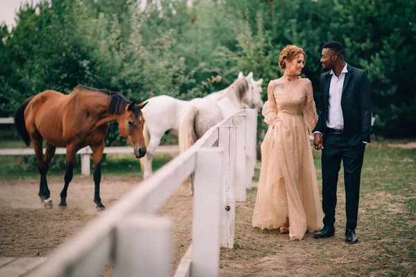 Joyeux couple marchant ensemble sur un ranch avec des chevaux — Photo