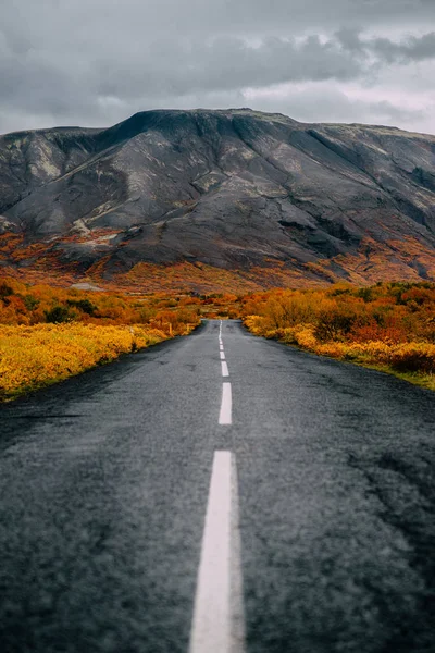 Herbstliche Landschaft, leere Straße geht weit voraus in die Berge, Island — Stockfoto