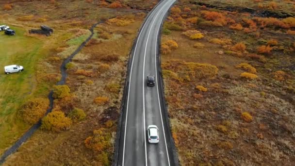 Vista aérea del coche que conduce a lo largo de la carretera en un paisaje de otoño, Islandia, parque nacional Thingvellir — Vídeo de stock