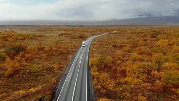 Autobús vista aérea que conduce a lo largo de la carretera en un paisaje de otoño, Islandia, parque nacional Thingvellir — Vídeo de stock