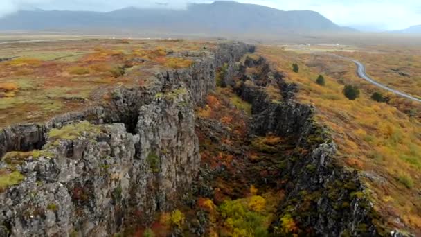 Flygande drönare över ravinen i nationalparken Thingvellir, Island, höstlandskap — Stockvideo