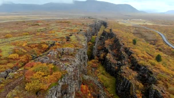 Vuelo drone sobre cañón en parque nacional Thingvellir, Islandia, paisaje otoñal — Vídeo de stock