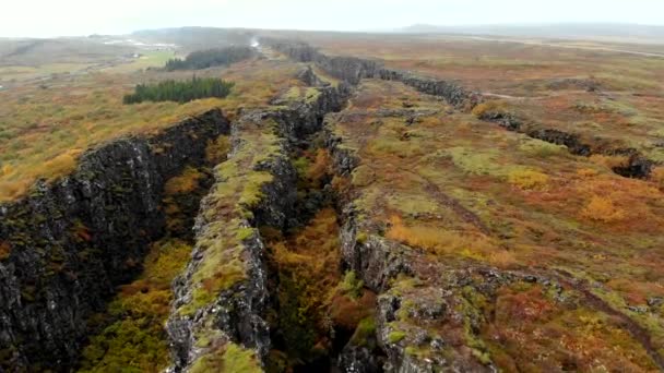 Jesienny krajobraz Islandii, skalisty kanion na tle gór, zdjęcia dronów — Wideo stockowe