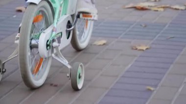 Küçük kız sonbahar bulvarında bisiklet sürüyor, dikiz manzaralı.