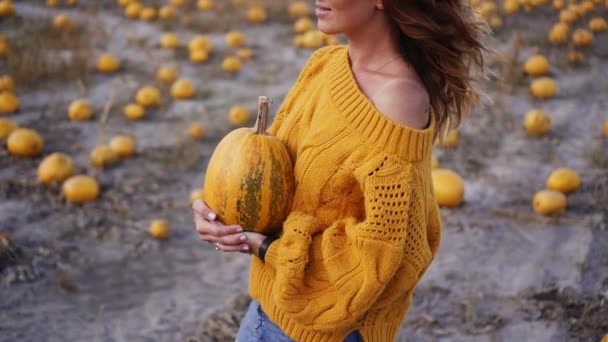 Young smiling woman holding pumpkin in her hands and looking at camera while standing in field — Stock Video
