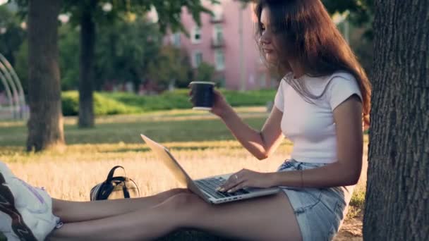 Mädchen teenager uses ein laptop. — Stockvideo