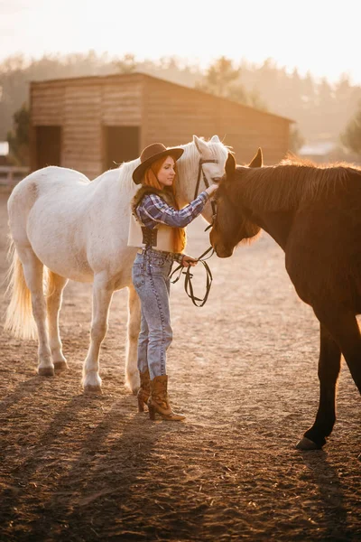 Vrouwelijke boer werkt met paarden. — Stockfoto