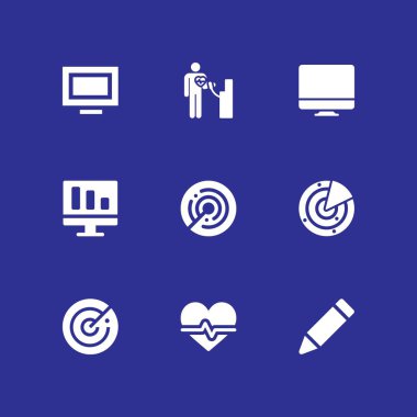 9 Icon set grafik tasarım ve web için imac, radar ve kardiyogram vektör çizim ile izlemek