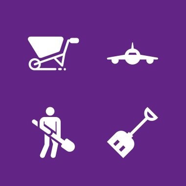 kürek, el arabası ve uçak ile ön görünüm vektör simgeler web ve grafik tasarım için zemin Icon set