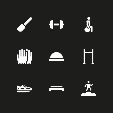 Fitness Icon set. raket, spor salonuna adım ve grafik tasarım ve web için vektör simge bar pull