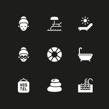 Icon set rahatla. grafik tasarım ve web için Yüzme Havuzu, hostel ve hamak vektör simge
