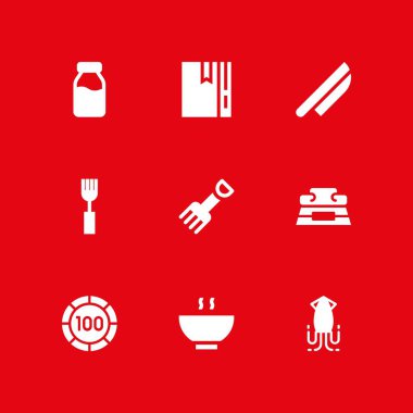 Icon set yemek. kalamar, tam kase ve grafik tasarım ve web için tarifi vektör simge