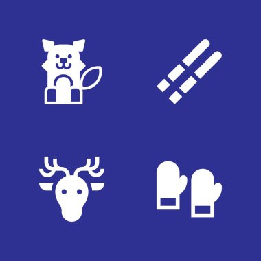 4 kış simgesi ile grafik tasarım ve web için Kayak, kurt ve mittens vektör çizim seti