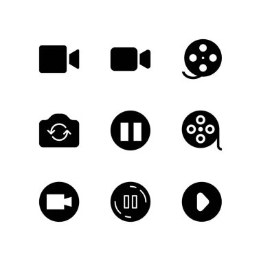 Film simgesi ile film seti, düğme ve video kamera vektör simgeler web ve grafik tasarım için oynamak