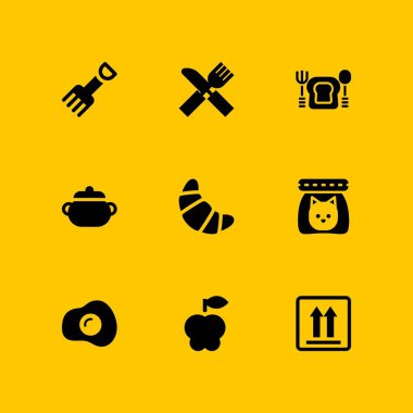 Icon set yemek. grafik tasarım ve web için kızarmış yumurta, çatal ve paket vektör simge