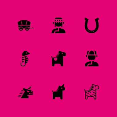 9 at simgesi ile grafik tasarım ve web için at, araba ve at nalı vektör çizim seti