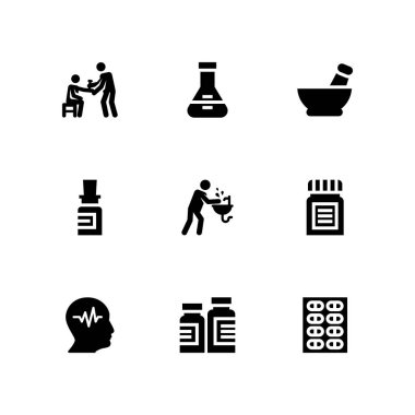 9 tıbbi Icon set grafik tasarım ve web için harç, şişesi ve hijyen vektör çizim ile